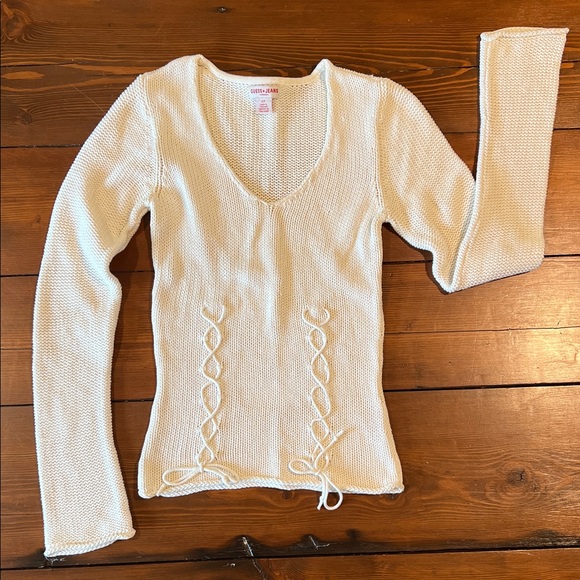 Guess Sweaters - Vintage Guess Jeans - V-Neck Cream Knit Sweater - Size S